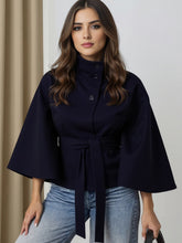 Aurohaya Women's Buttoned Poncho Coat, Belted Short Cape Oversized Vintage Stand-Collar Polyester Winter Jacket